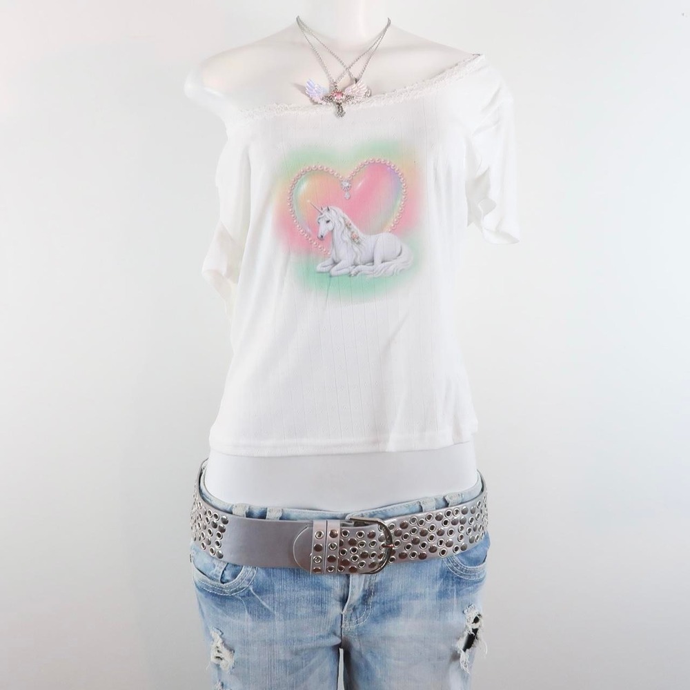 y2k white unicorn graphic lace trim off shoulder long sleeve top fairycore